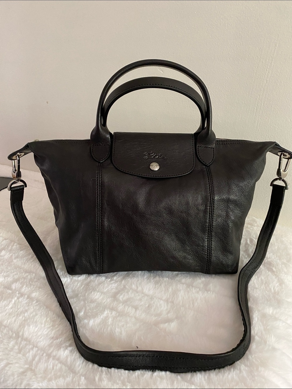 Longchamp Le Pliage Cuir S Leather Zip Tote Shoulder Bag in Black Soft Leather